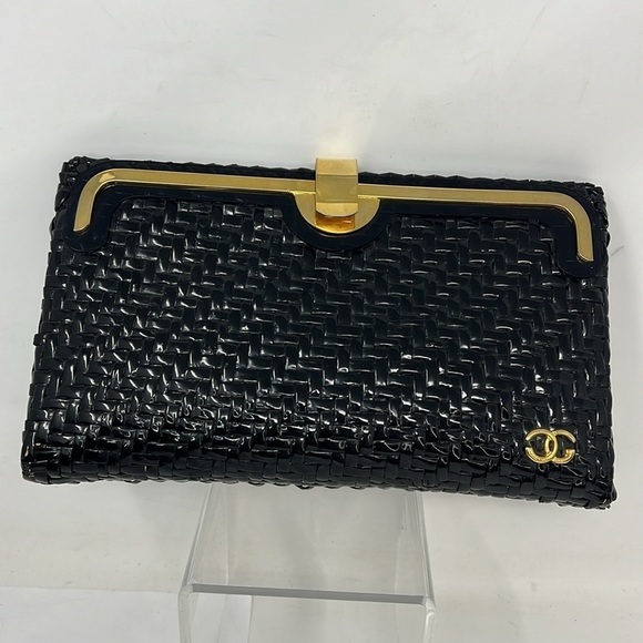 Greta Italy Vintage Black Lacquered Woven Structured Wicker Clutch Shoulder Bag - Picture 2 of 13